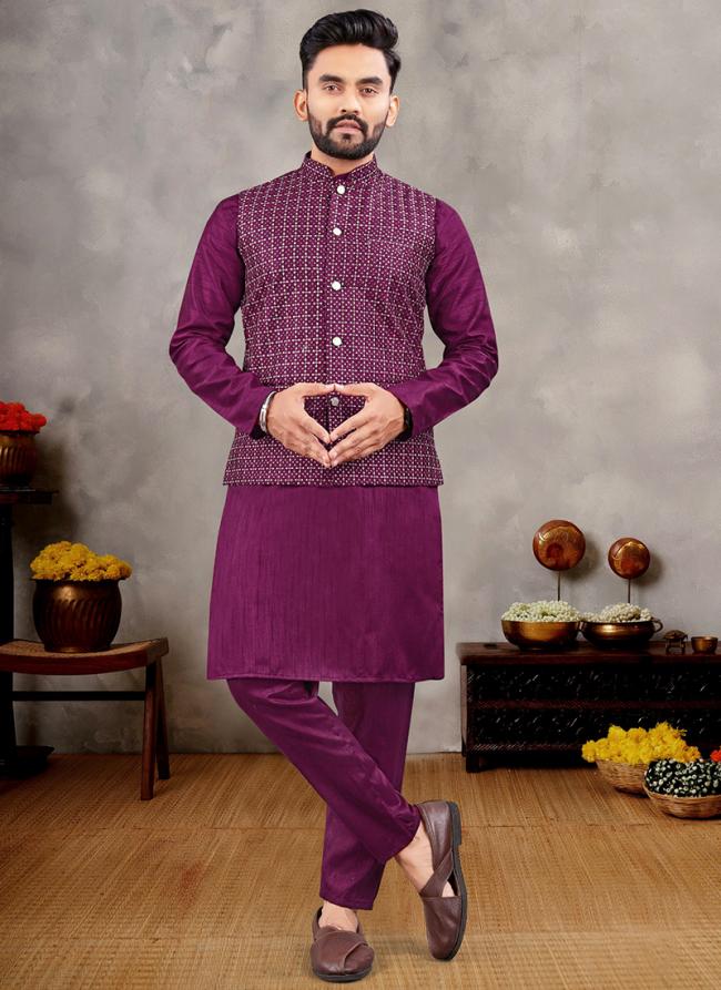 Banglori Silk Magenta Ceremonial Wear Sequins Work Readymade Modi Jacket Kurta Pajama